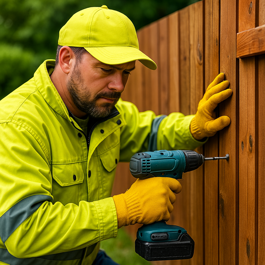 Handyman in high-visibility safety gear using a cordless drill to repair a wooden fence panel, representing fence and gate repair services