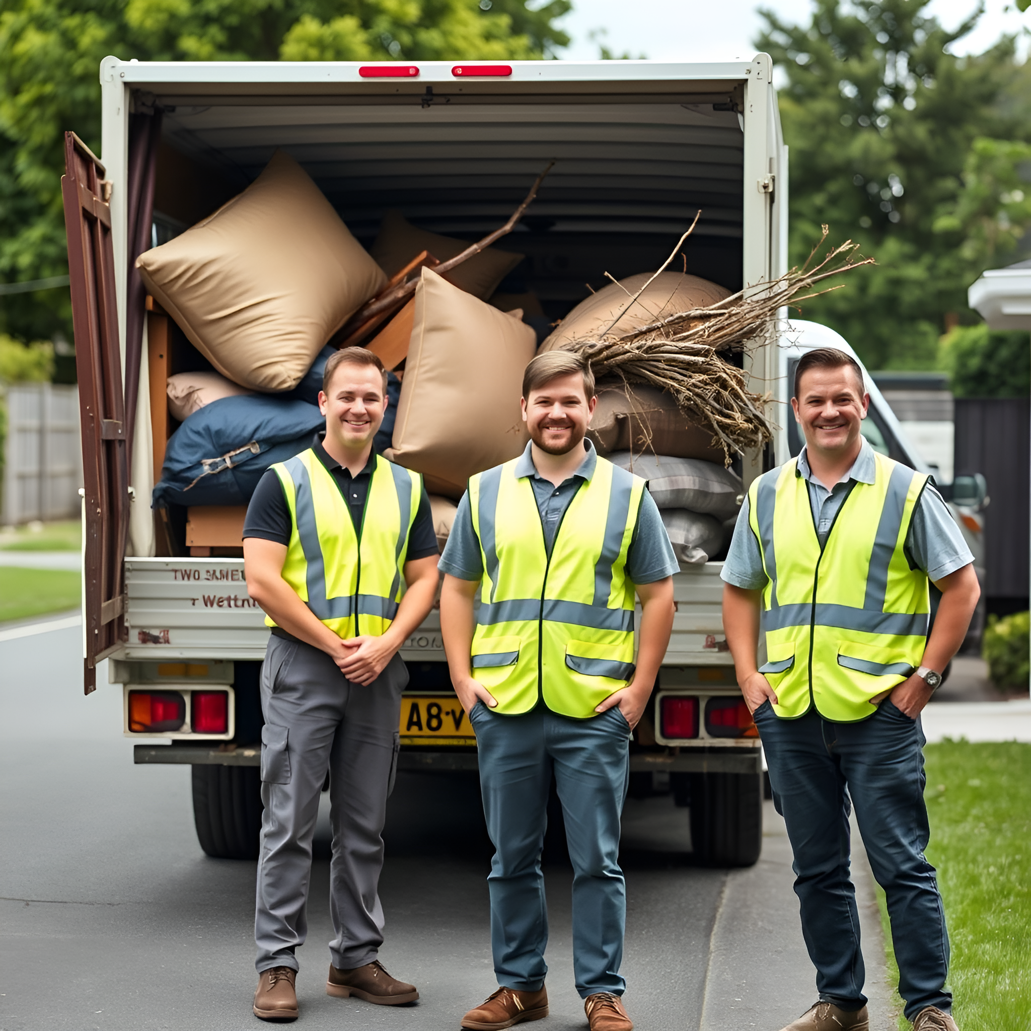 Friendly Clean Sweep team with rubbish removal truck in Auckland suburban area