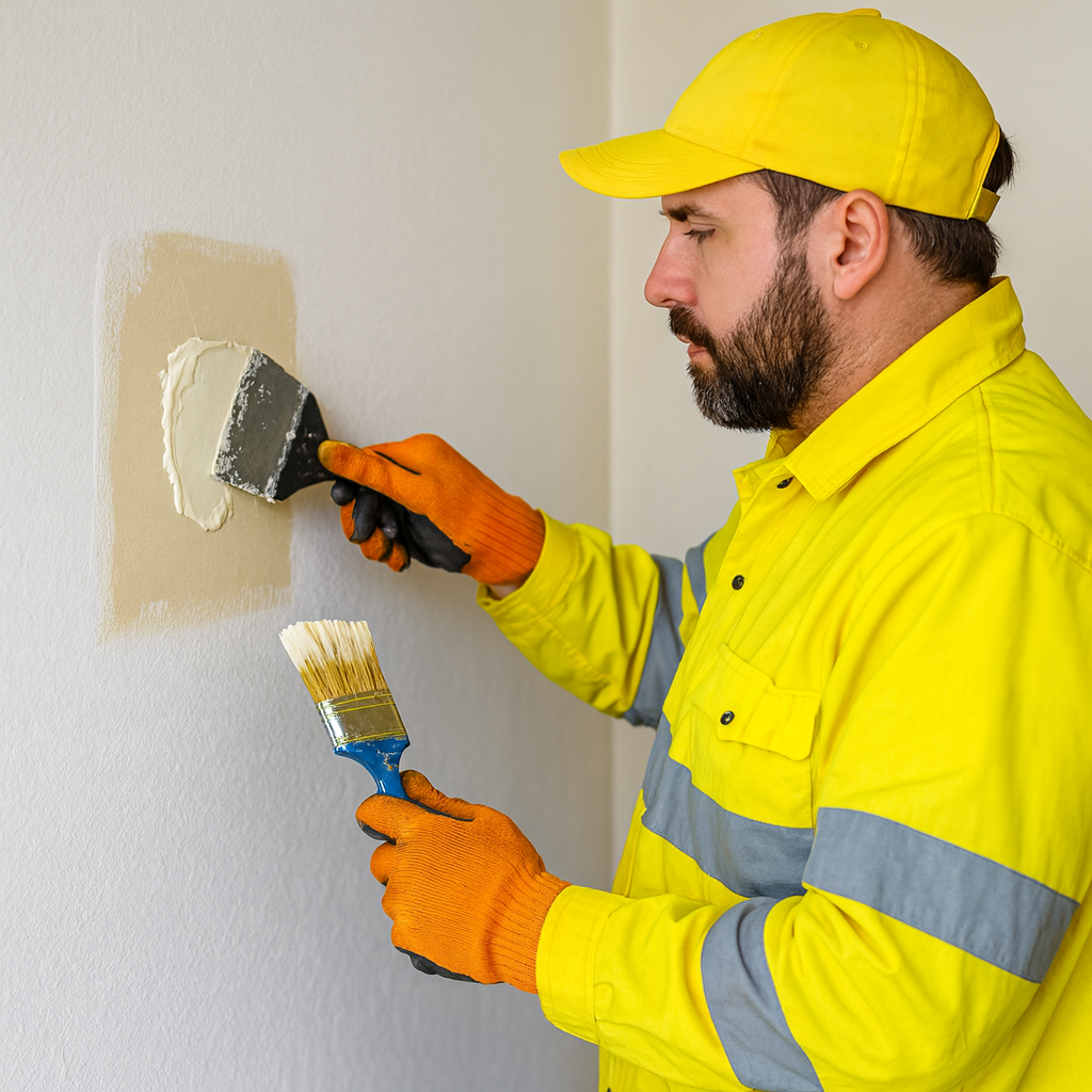 Professional worker in high-visibility safety gear applying wall patch compound with a putty knife while holding a paintbrush, representing touch-ups and minor repair services.