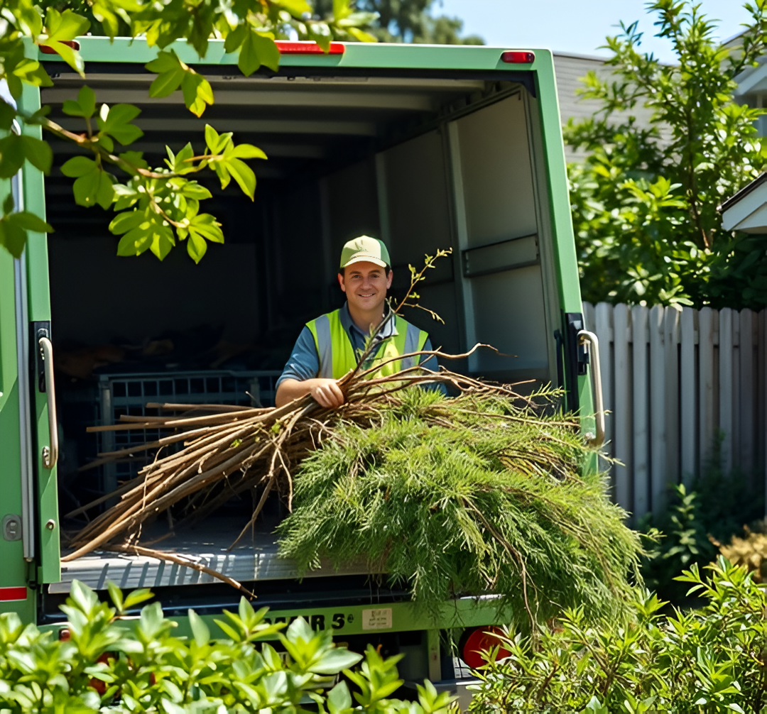 Clean Sweep worker loading garden waste into a removal truck after backyard cleanup in Auckland